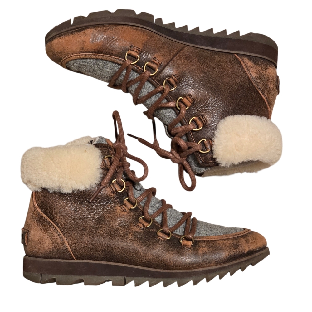 WOMENS SOREL HARLOW COZY DISTRESSED Sz 6.5 LEATHER & WOOL WATERPROOF BOOTS Brown